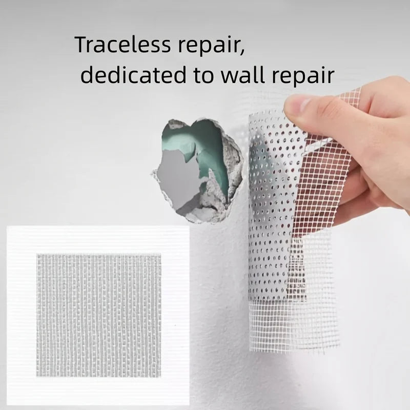 A hand applies a translucent, mesh drywall repair patch to a wall surface.
