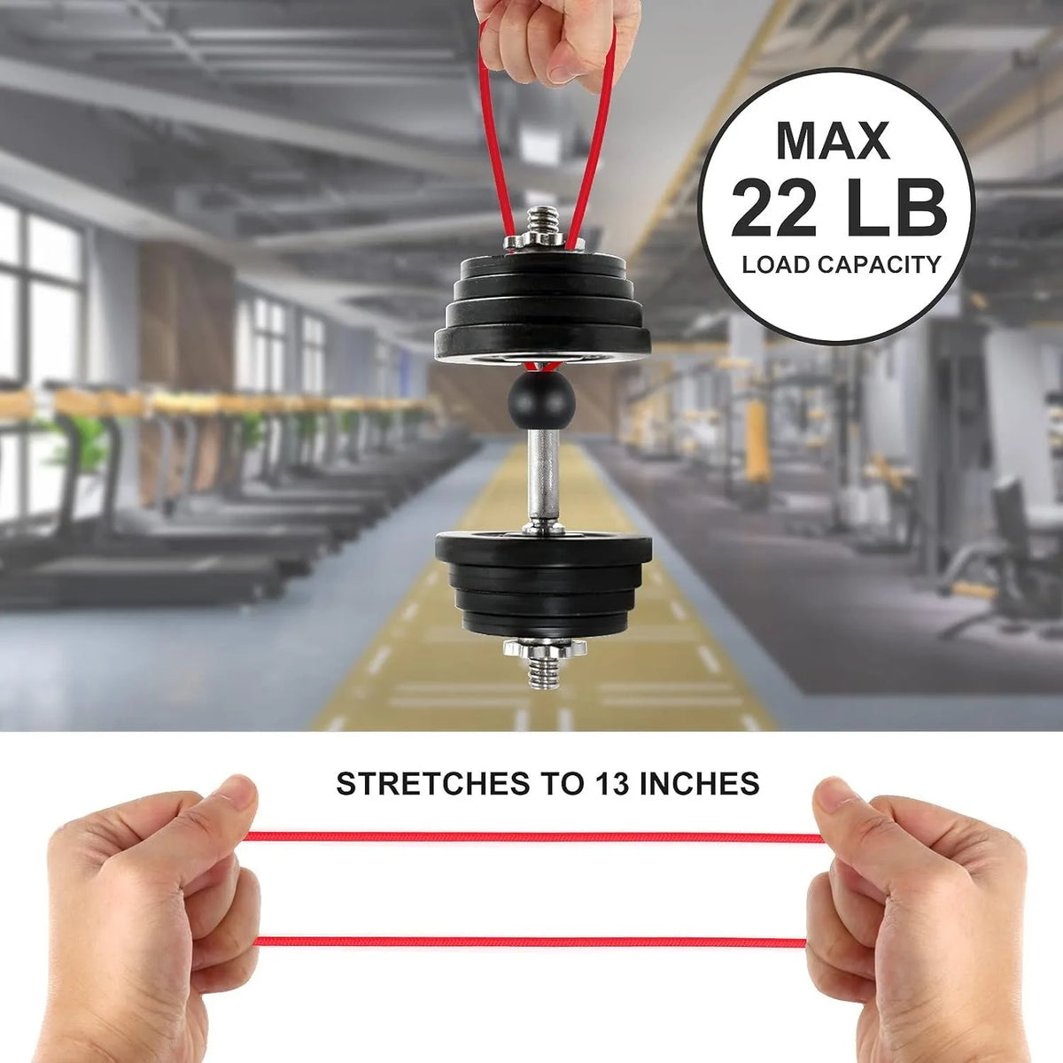 A hand holds a red bungee cord attached to a weight, demonstrating the stretch capability of heavy-duty ball bungee cords.