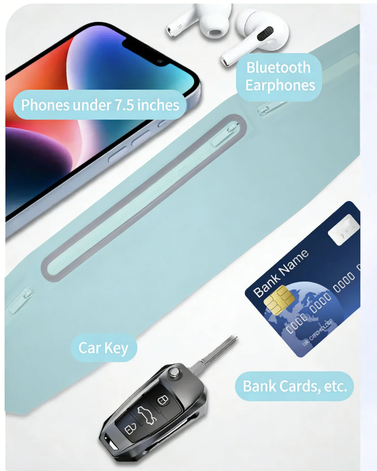 A light blue running waist pack is shown next to a smartphone, Bluetooth earphones, and bank cards.