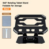 Black 360° rotating tablet stand with a foldable design and a detachable handset shown in detail.