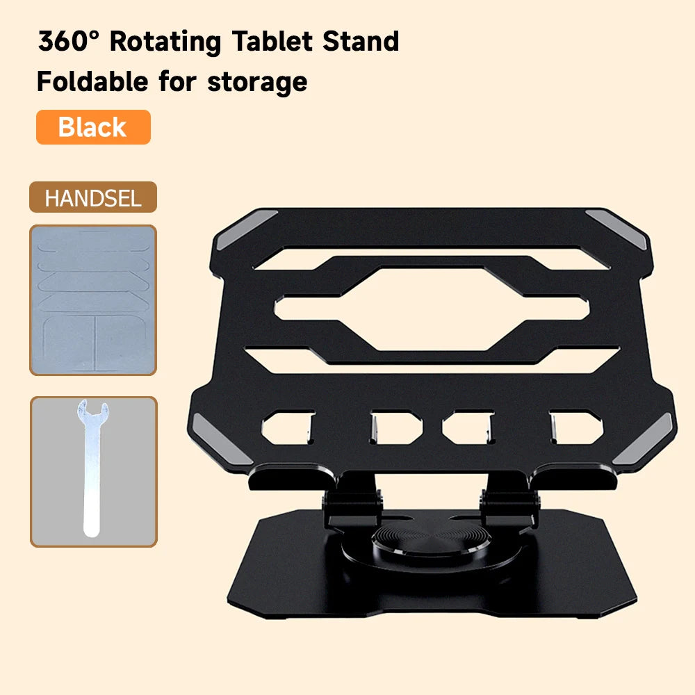 Black 360° rotating tablet stand with a foldable design and a detachable handset shown in detail.