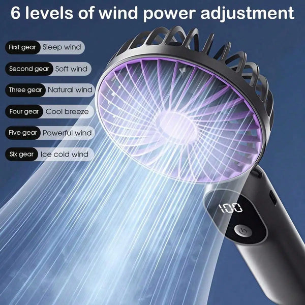 Handgehaltene Ventilator mit sechs Windstufen, der eine kühle Gischt ausstößt.