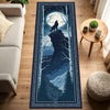 A dark blue runner rug featuring a silhouette of a wolf on a rocky landscape against a starry night background.