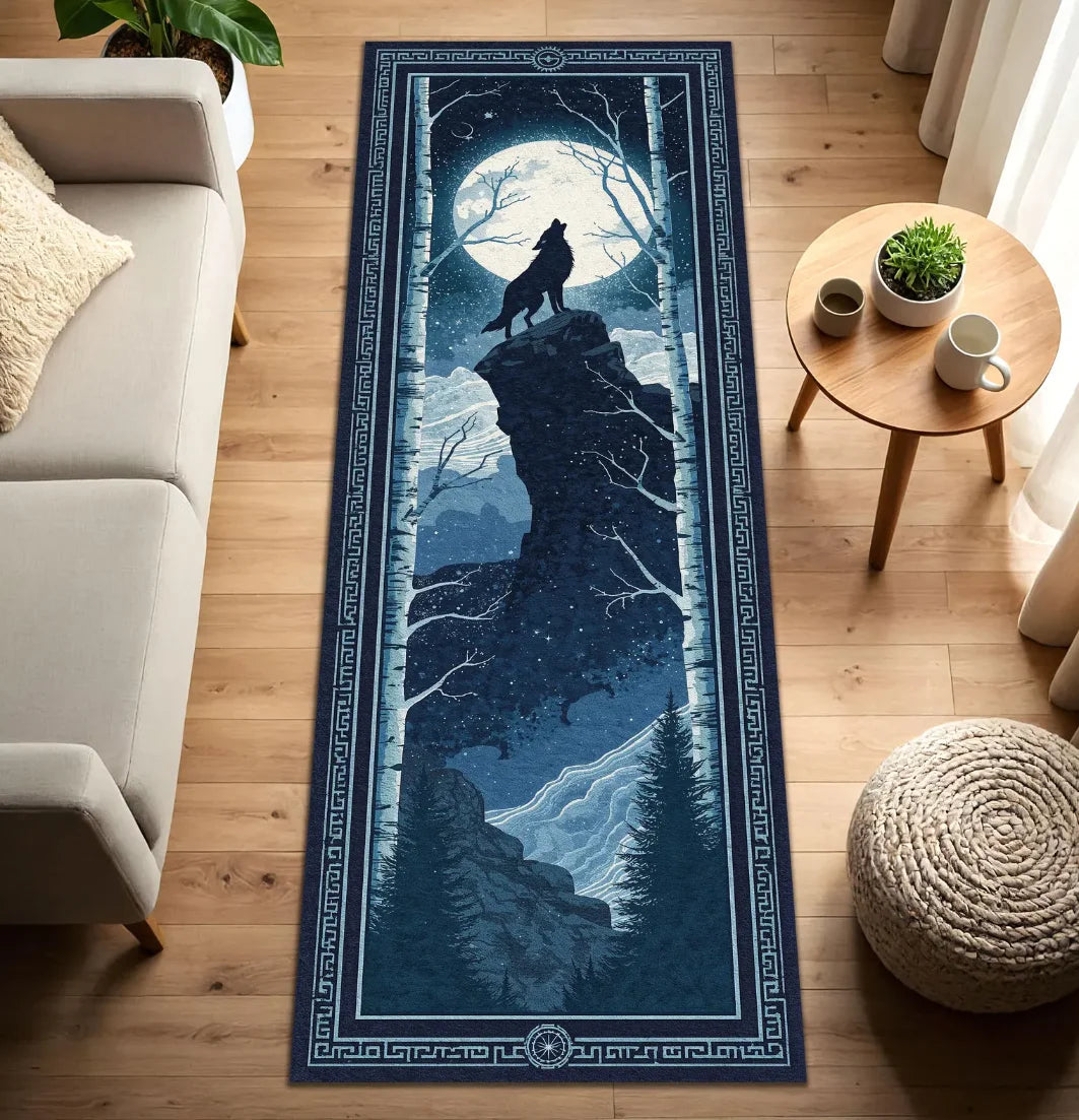 A dark blue runner rug featuring a silhouette of a wolf on a rocky landscape against a starry night background.