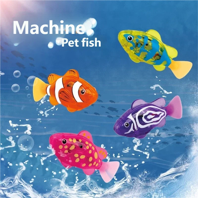 Colorful plastic swimming fish toys of various colors floating in blue water