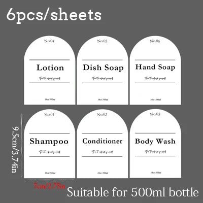 Six sheets of lotion, dish soap, hand soap, shampoo, conditioner, and body wash for 500ml bottles.