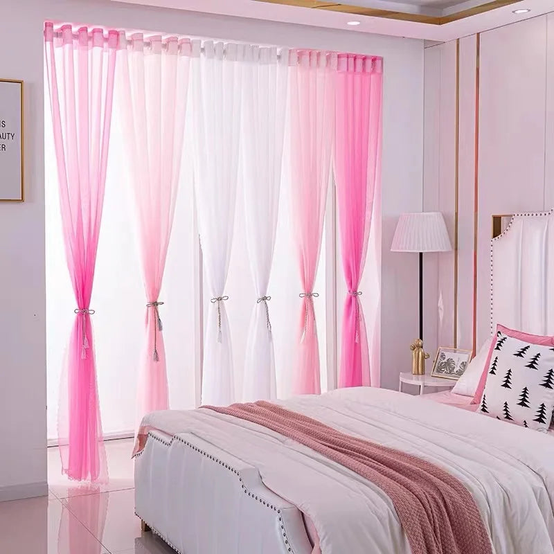 Pink and white sheer voile curtains with rod pockets filtering light in a bedroom setting.