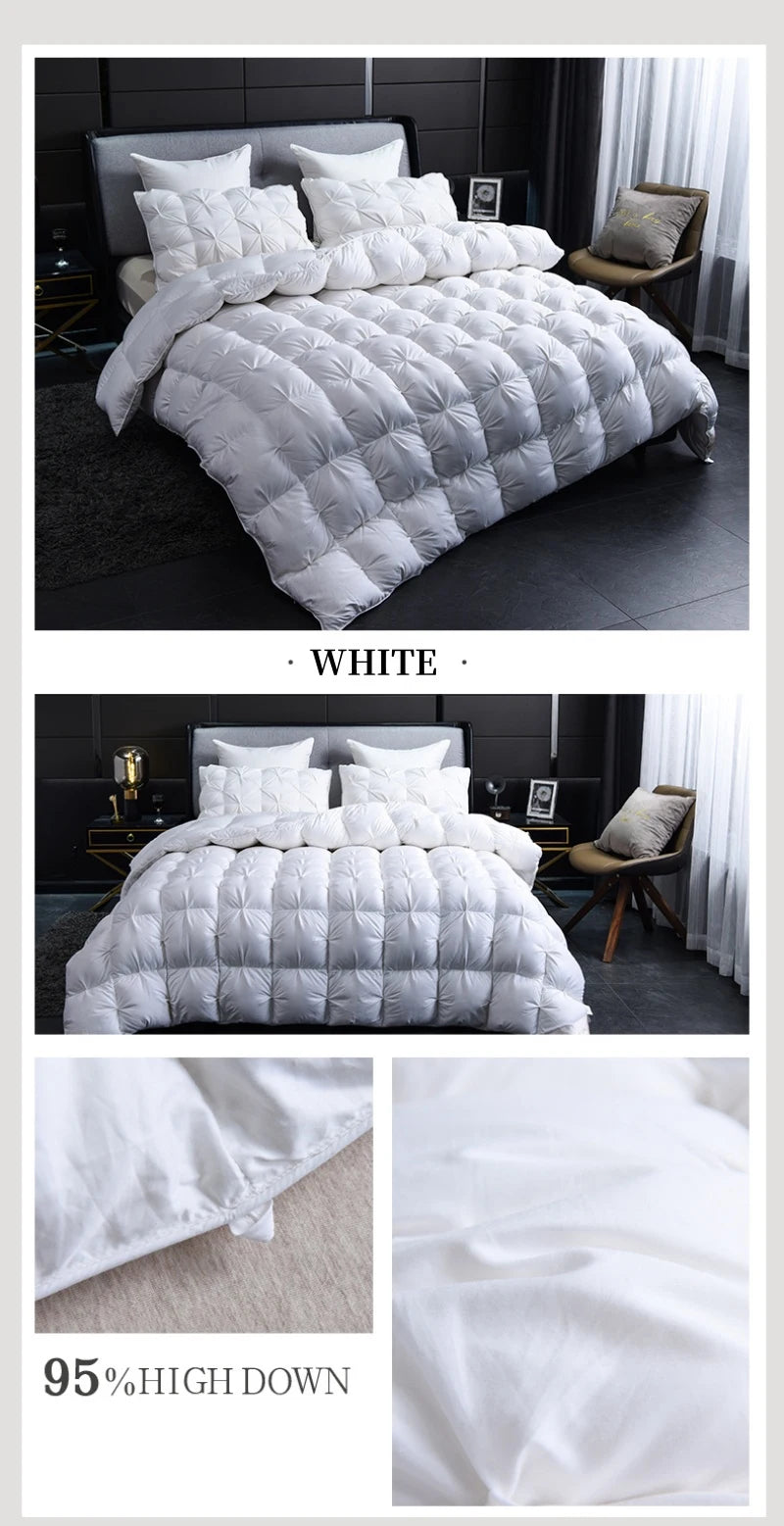 A white quilted goose down duvet with a cotton cover displayed on a bed.