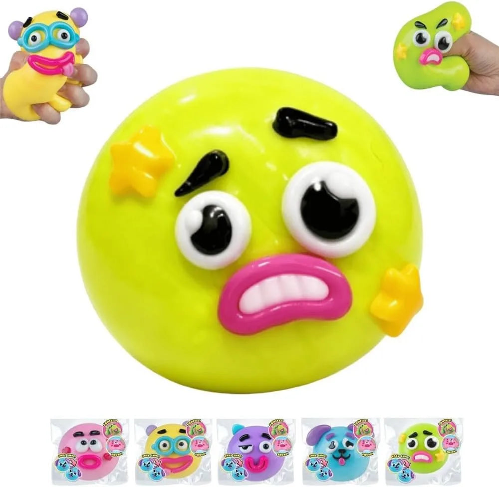 A collection of face-changing squishy toys featuring various expressive faces and colors.