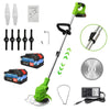 A set of cordless electric lawn mower and string trimmer tools including a handle, motor battery, blades, and accessories.