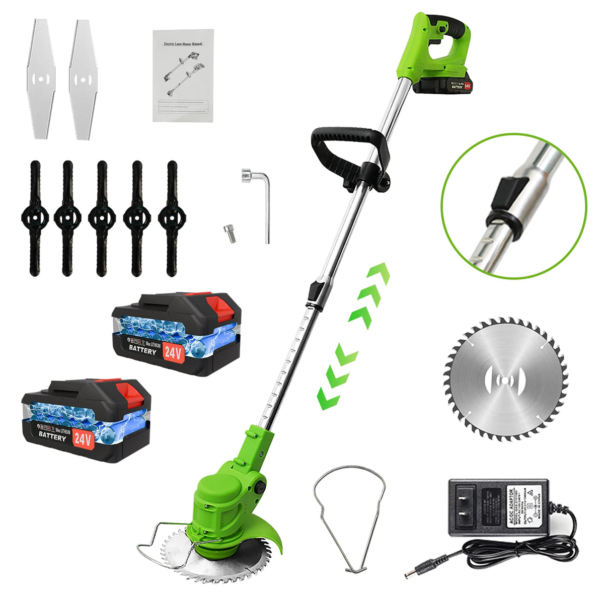 A set of cordless electric lawn mower and string trimmer tools including a handle, motor battery, blades, and accessories.