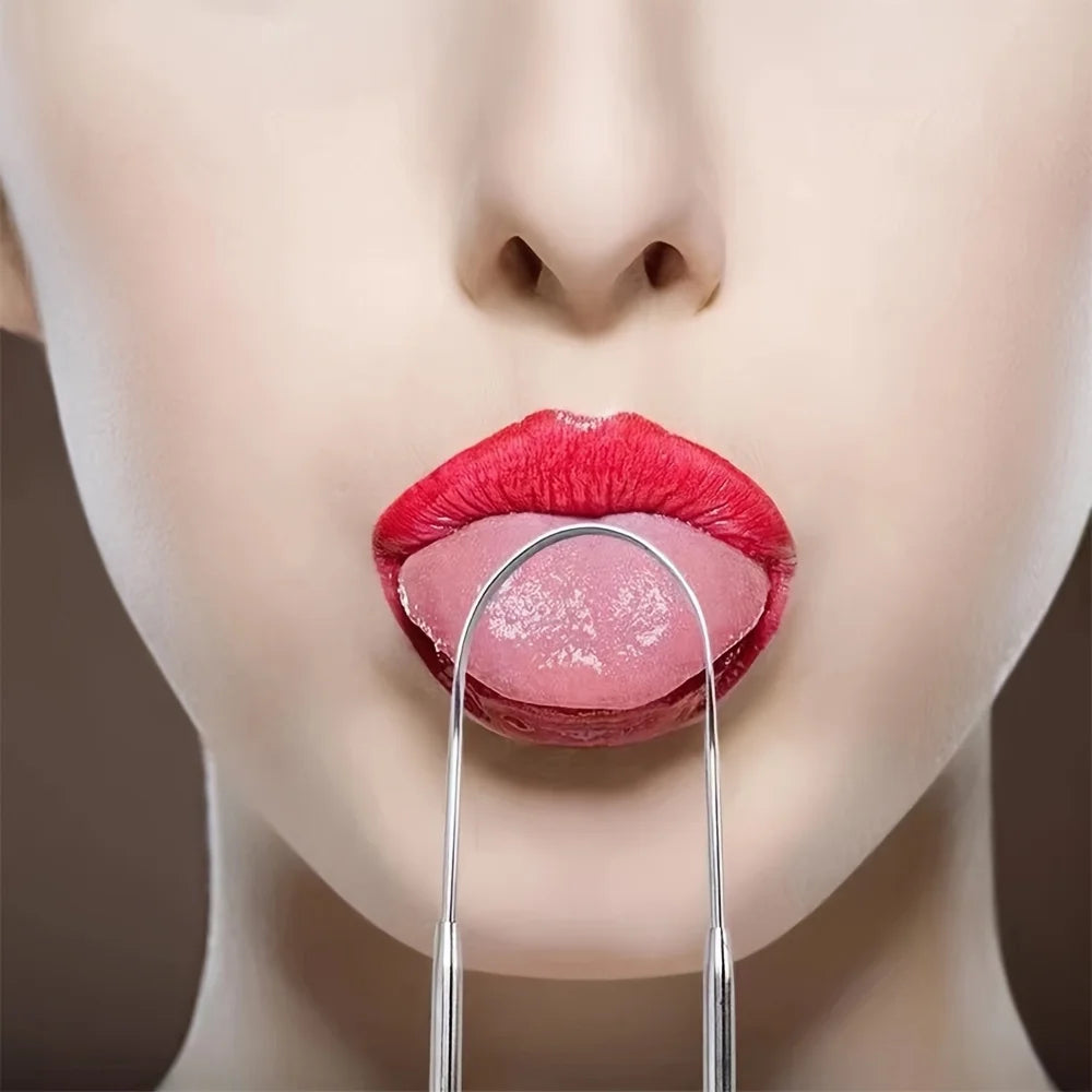 A close-up of a woman's mouth showing bright red lips and tongue being scraped with a stainless steel tool.