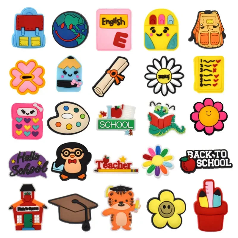 A collection of colorful PVC charms and pins for decorating shoes, sandals, and other items.