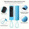 A blue silicone remote cover with a lanyard and a window for infrared signals is shown.