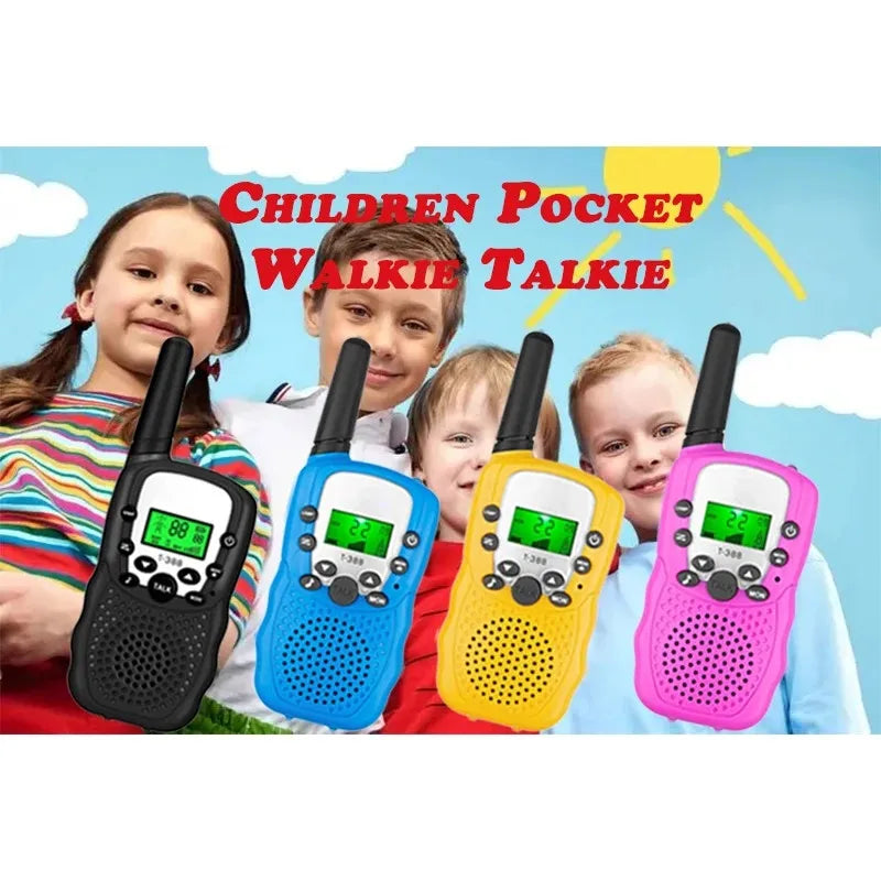 Three children holding colorful pocket walkie talkie sets with flashlights