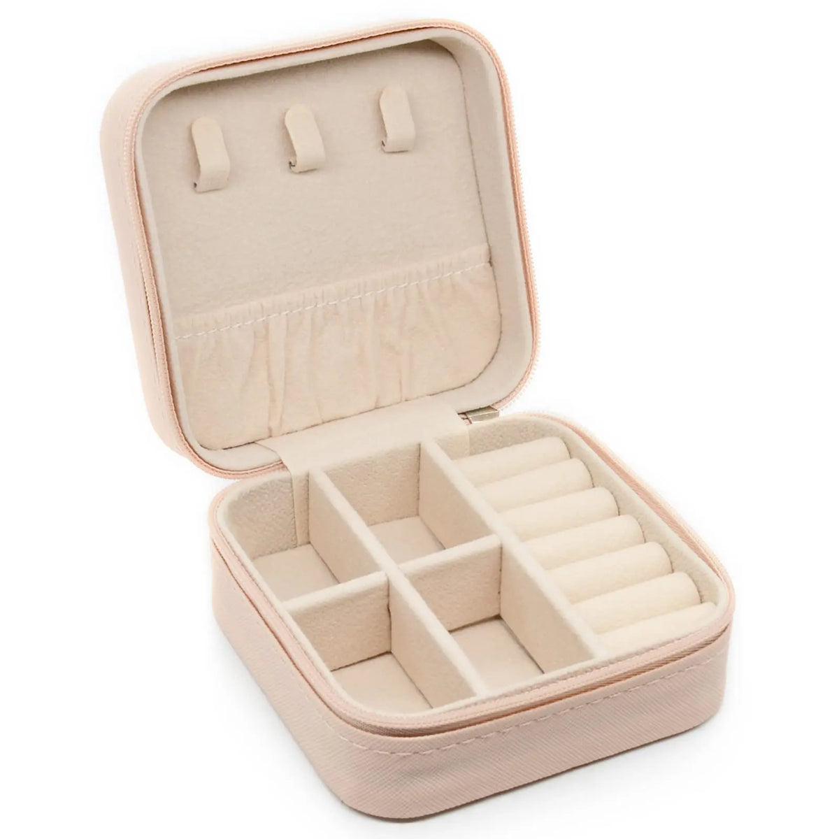 A light beige PU leather jewelry storage box with a hinged lid and divided compartments.