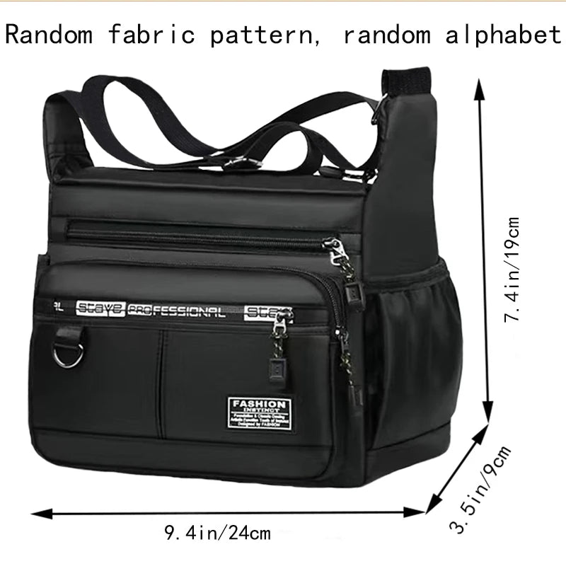 Black men's business crossbody bag with multiple zippered pockets and a random fabric pattern.