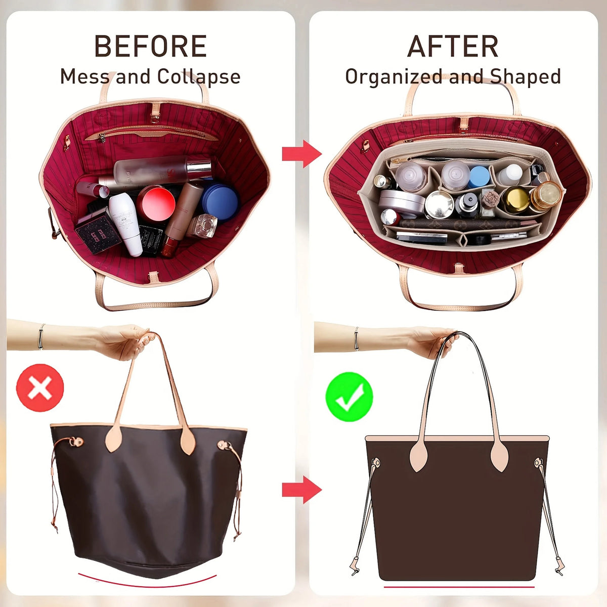 Comparación antes y después de un organizador de bolso de fieltro desordenado, mostrando cómo organizar artículos.