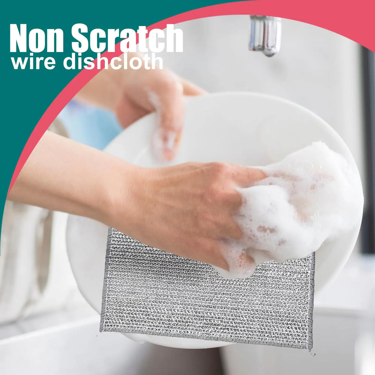 A hand is cleaning a plate with a non scratch wire dishcloth.
