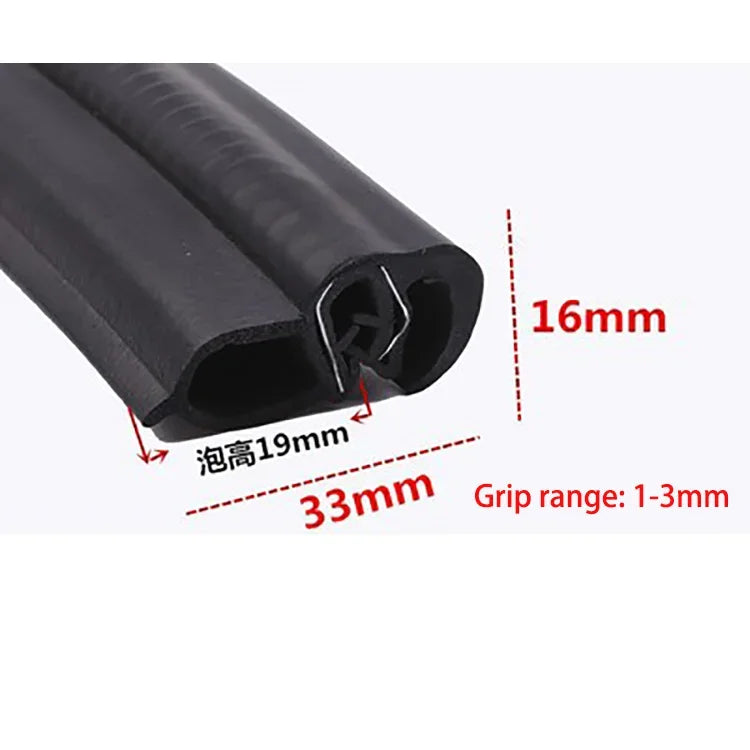 Black U-shaped EPDM rubber edge trim with dimensions 16mm, 19mm, and a grip range of 1-3mm
