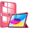 A pink slim tri-fold stand case for an iPad with a pencil holder shown next to the tablet.