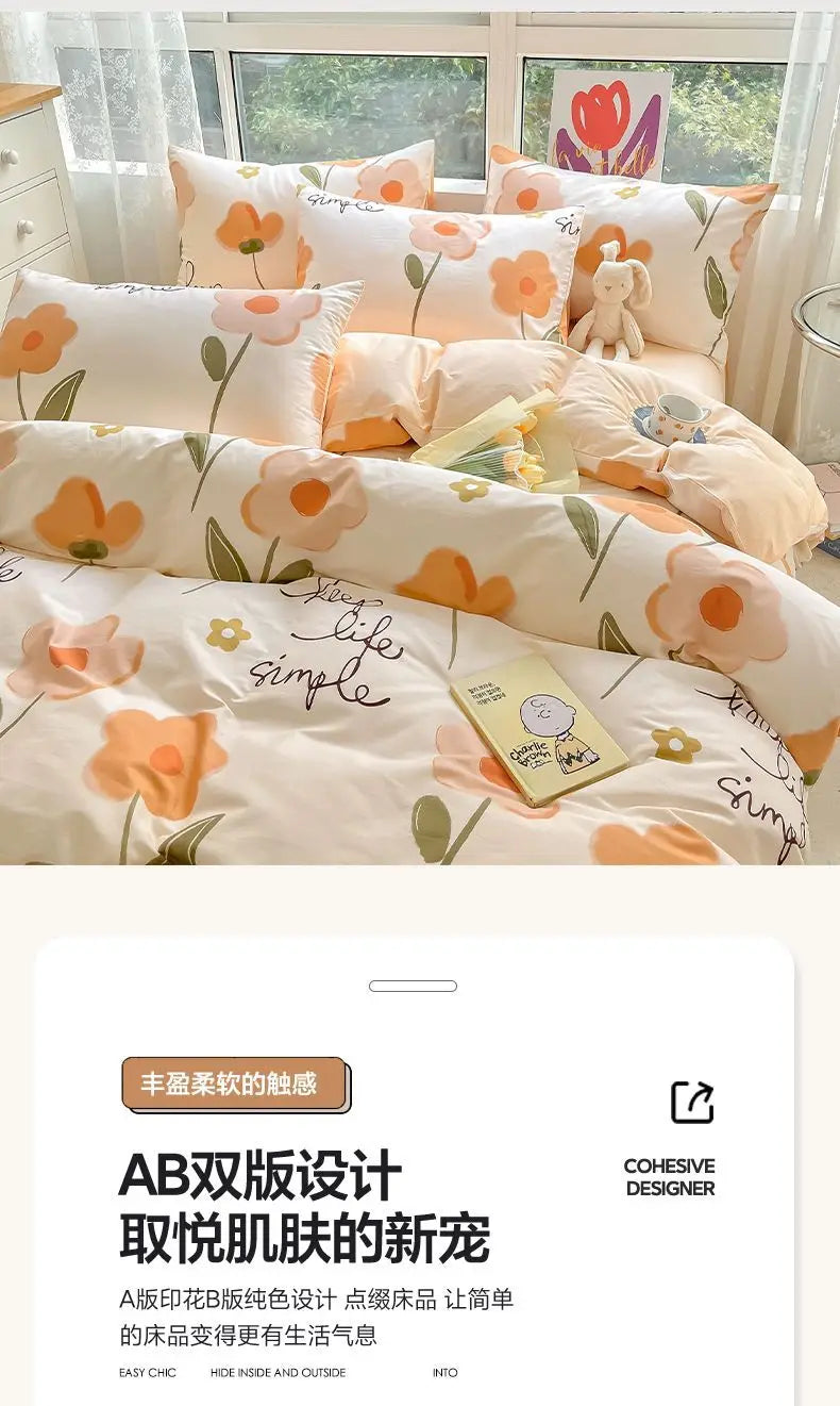 A set of pure cotton bedding including a duvet cover, fitted sheet, and pillowcases with floral patterns.