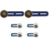 Six blue and gold no-sew button waist extenders for jeans.