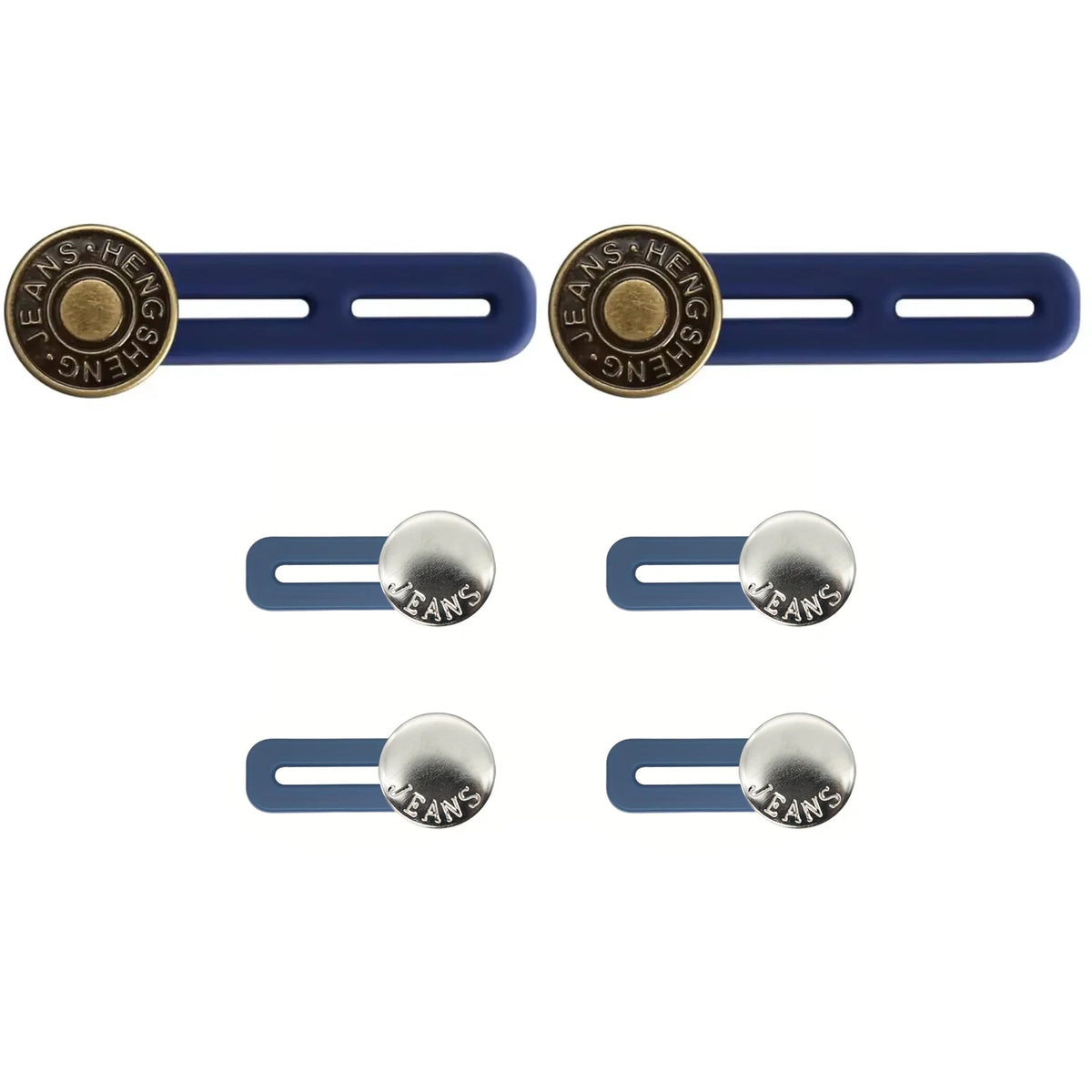 Six blue and gold no-sew button waist extenders for jeans.
