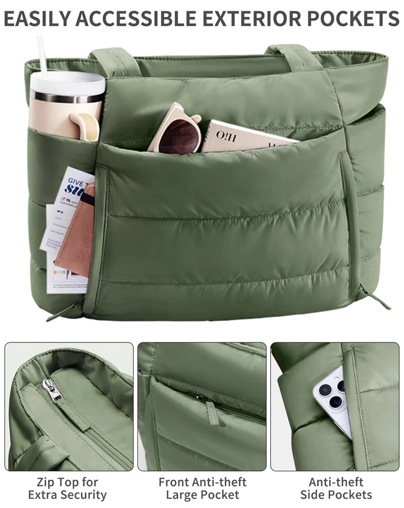 A quilted olive green puffy tote bag showing various exterior pockets and a laptop sleeve detail.