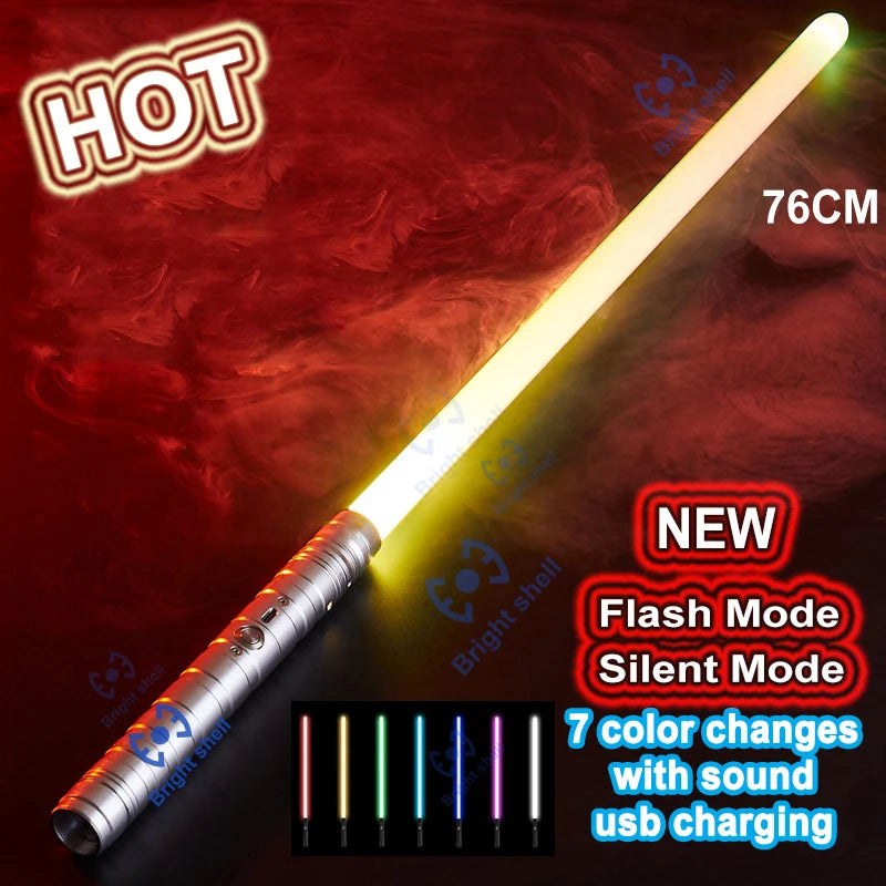 A glowing white lightsaber with a metal hilt and various colored light effects is displayed against a dark, smoky background.