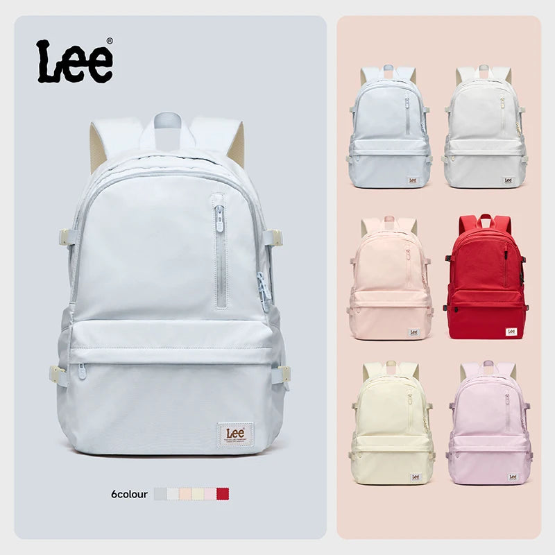 A collection of white and pink laptop backpacks from the Lee brand shown in various colors.