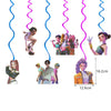 A set of music-themed birthday party decorations featuring various female characters and colorful wavy lines.