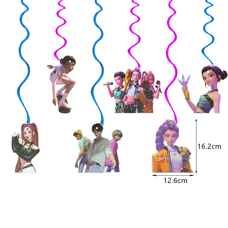 A set of music-themed birthday party decorations featuring various female characters and colorful wavy lines.
