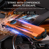 An orange multi-beam tactical flashlight is shown being used to shatter glass in a car interior.