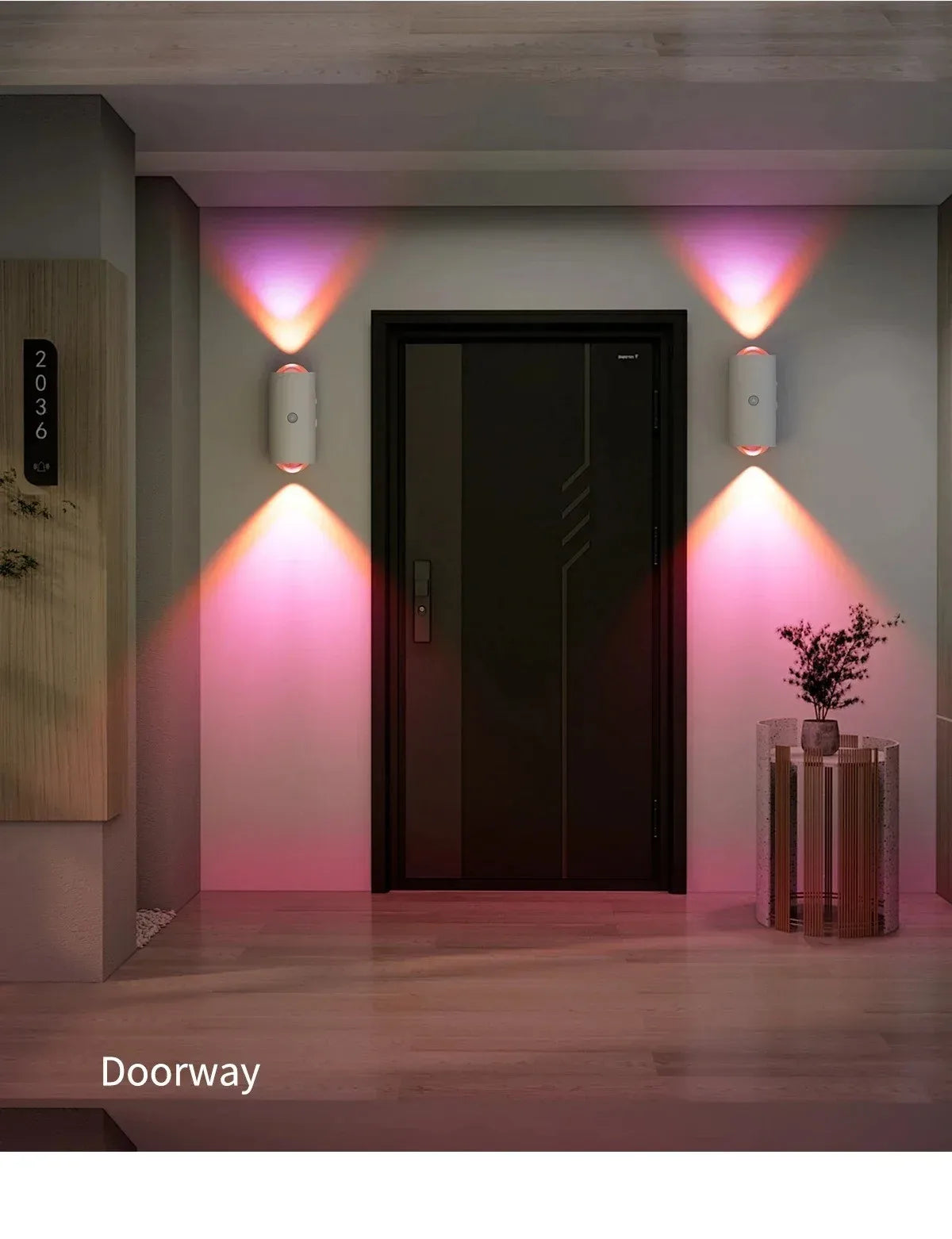 Interior doorway featuring modern wall lights illuminating a dark door and wooden floor.