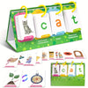 A green and pink word builder flash card game set featuring cards with letters, vowels, and consonant combinations for childr