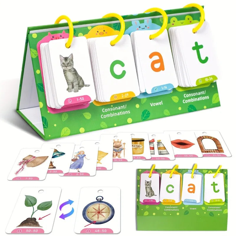 A green and pink word builder flash card game set featuring cards with letters, vowels, and consonant combinations for childr