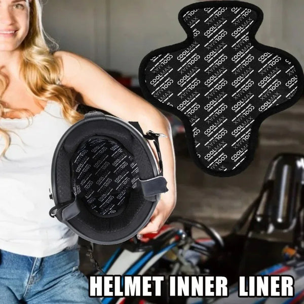 A close-up of a black breathable motorcycle helmet inner liner pad is shown next to a person.
