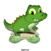 A green dinosaur foil balloon featuring a smiling face and textured scales.