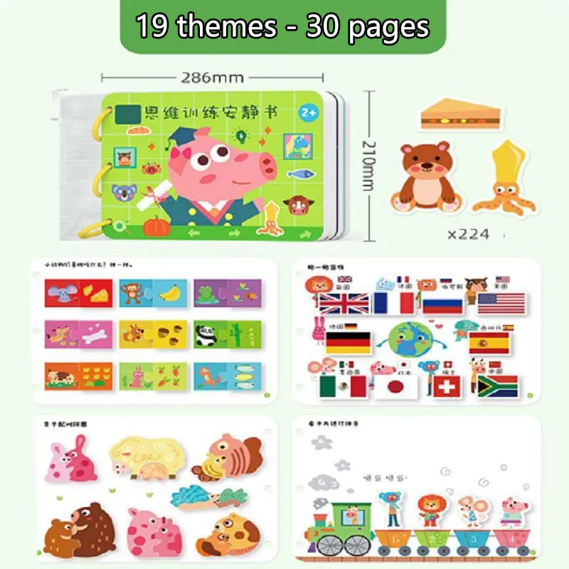 A set of 19 themes spanning 30 pages of Montessori busy book activities for toddlers.