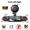 Front-Left-Right 1080P dash camera showing various angles and accessories like a power cable and instruction manual.