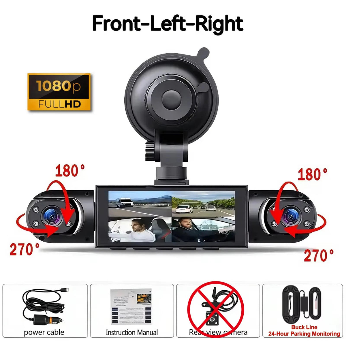 Front-Left-Right 1080P dash camera showing various angles and accessories like a power cable and instruction manual.