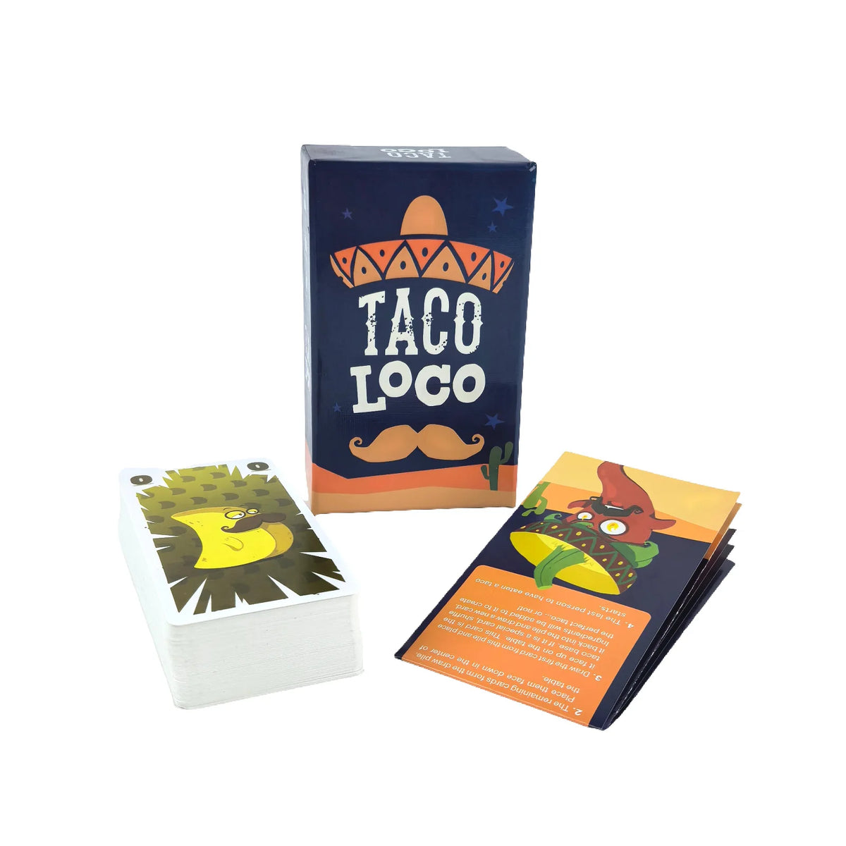 A box of Taco Loco card game featuring a sombrero design and a deck of cards.