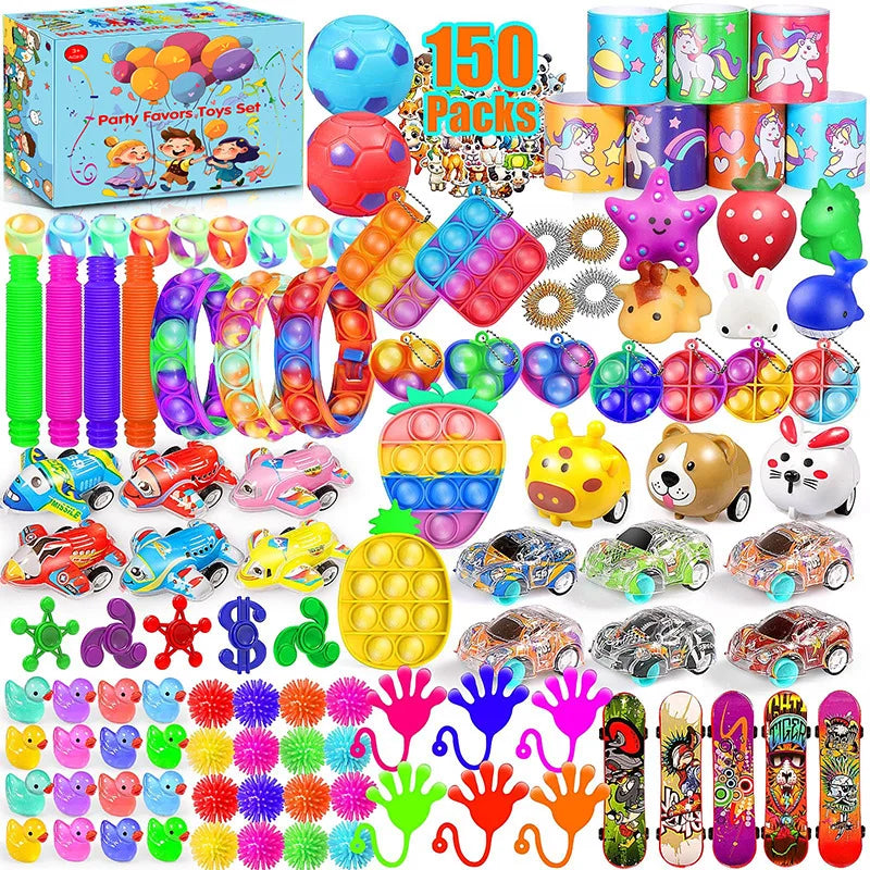 A colorful assortment of kids party favors including snap bracelets, fidget toys, and other small toys.