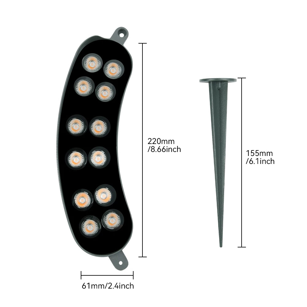 Black tree-hugging LED garden light with a ground spike and multiple light sources
