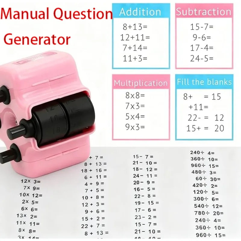 A pink manual question generator roller stamp for kids used for practicing addition, subtraction, multiplication, and divisio