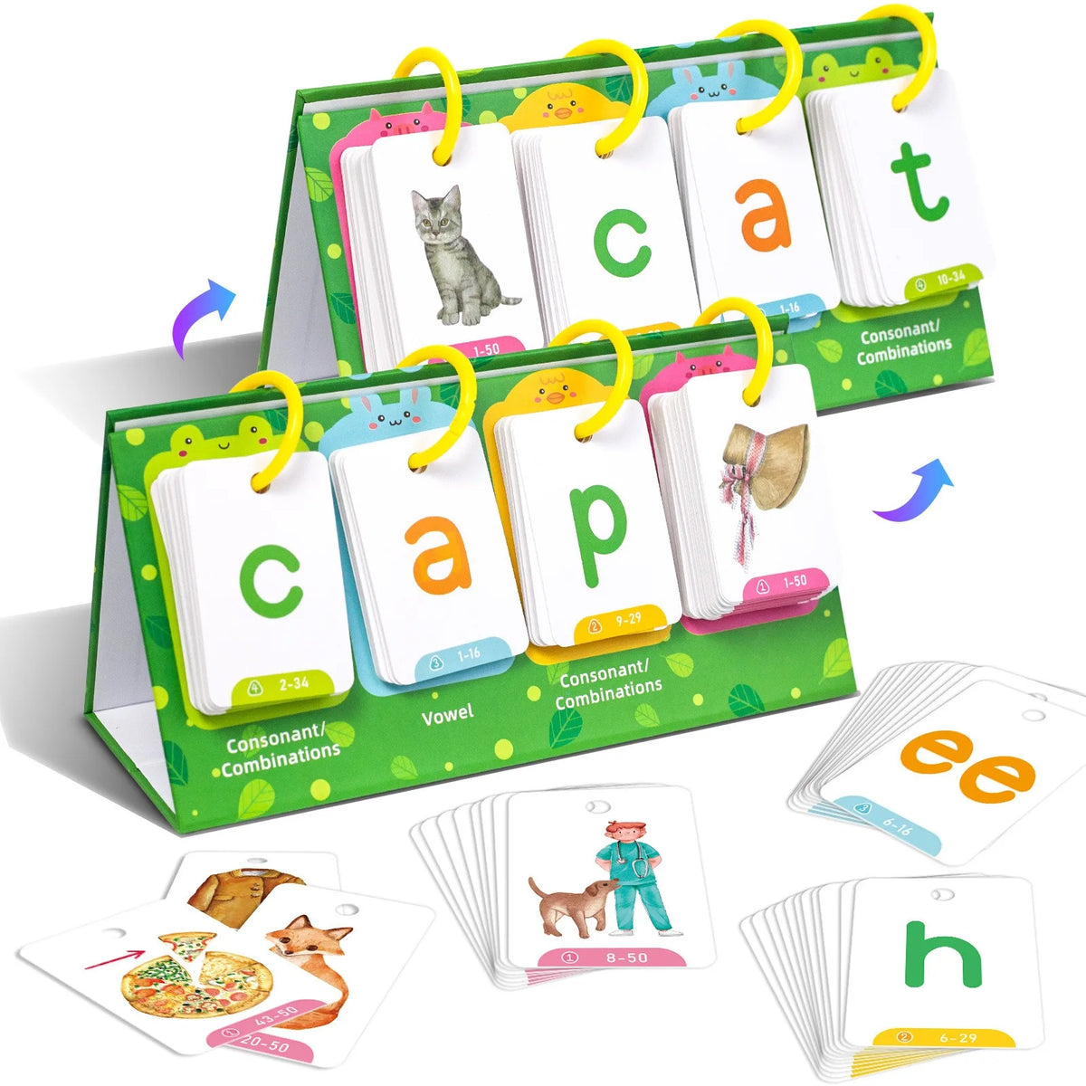 A set of Montessori English learning flip charts featuring consonants and vowels for children.