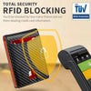 A black slim leather bifold wallet with an orange accent is shown next to a smartphone, demonstrating RFID blocking security.