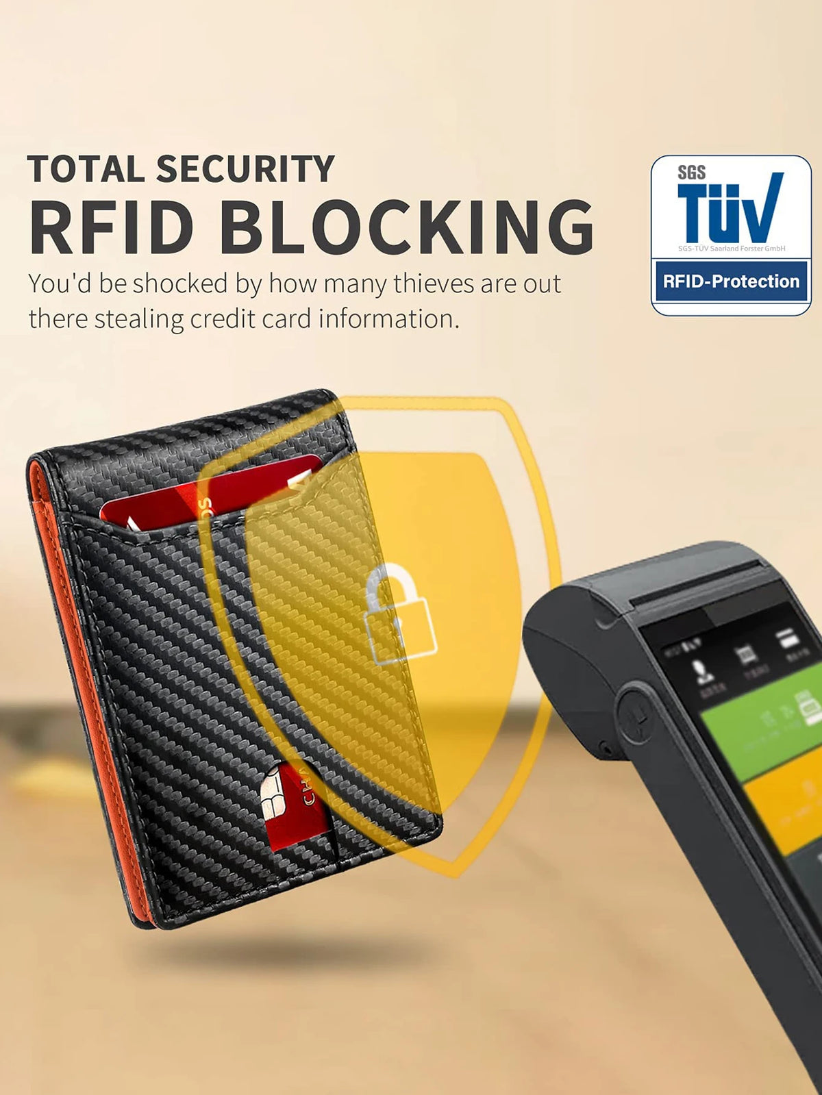 A black slim leather bifold wallet with an orange accent is shown next to a smartphone, demonstrating RFID blocking security.