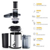 A stainless steel centrifugal juicer with a large feed tube, showing various components and juice extraction parts.